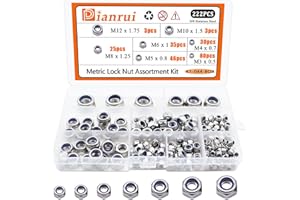 Dianrui 222Pcs 304 Stainless Steel Metric Lock Nuts Assortment Kit, Nylon Insert Hex Locknut M3 M4 M5 M6 M8 M10 M12 for Lock Washers