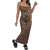 OYOANGLE Women's Maternity Leopard Long Cami Dress Criss Cross Backless Spaghetti Strap Bodycon Dresses