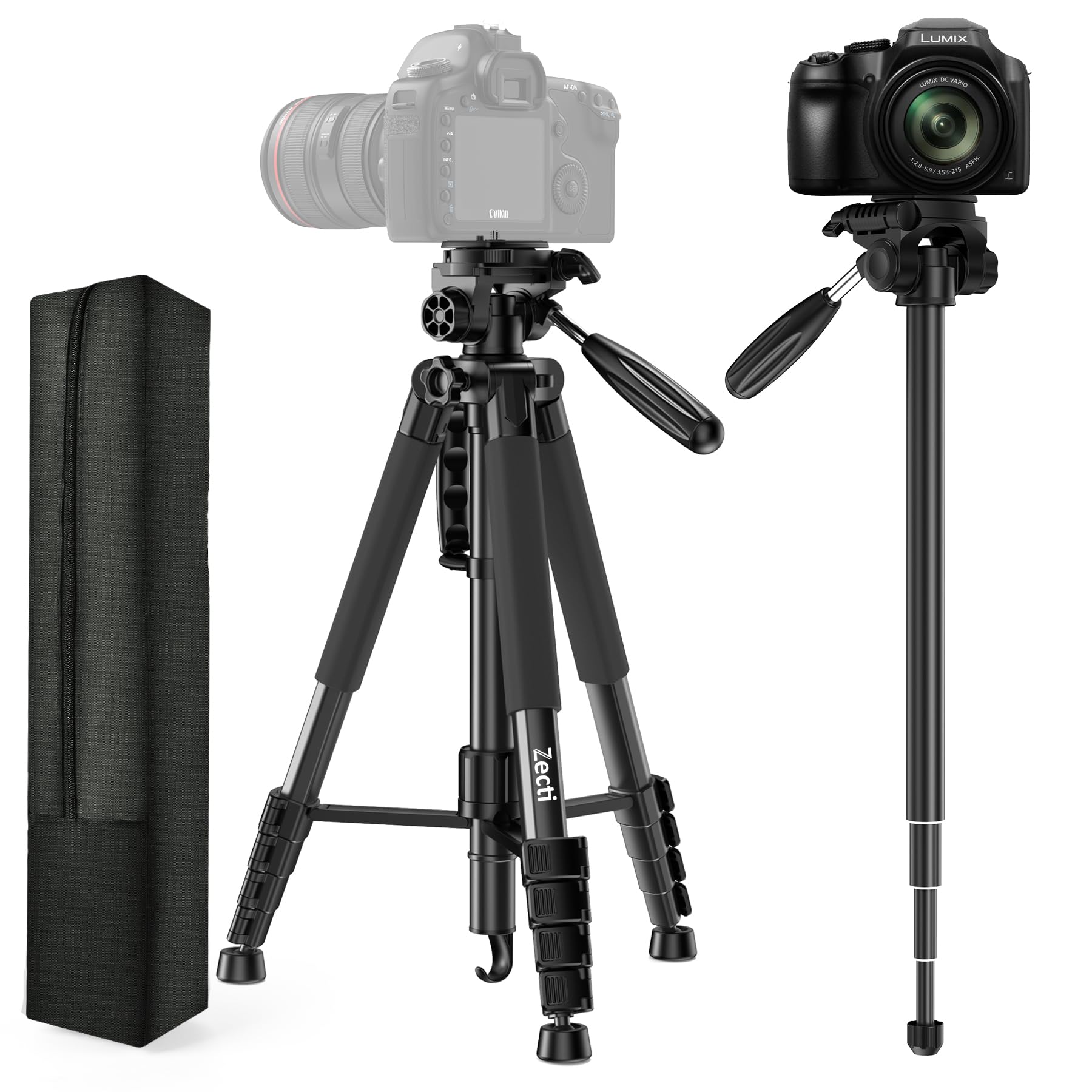 Photo 1 of Zecti 74" Camera Tripod, Tripod for Phone and Camera Stand with Carry Bag, Aluminum Heavy Duty Tripod Stand for Canon Nikon with Monopod & 1/4" Screw, Compatible with for Phone/Camera/Projector/DSLR