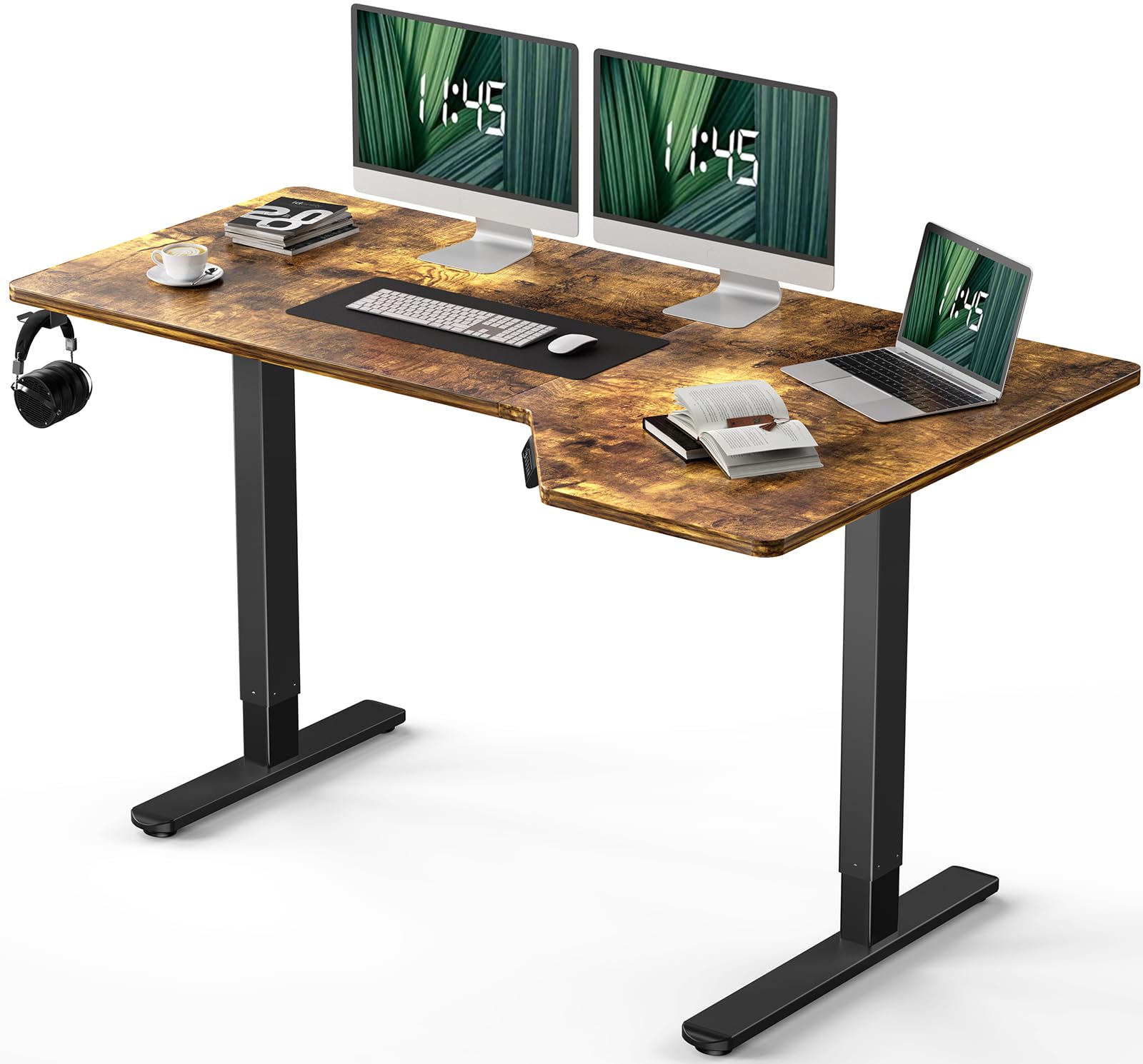 Marsail L Shaped Electric Standing Desk, 55x34 Inch Standing Desk Adjustable Height with Headphone Hook, Large Computer Desk Sit Stand Desk for Home Office Sturdy Writing Workstation, Vintage