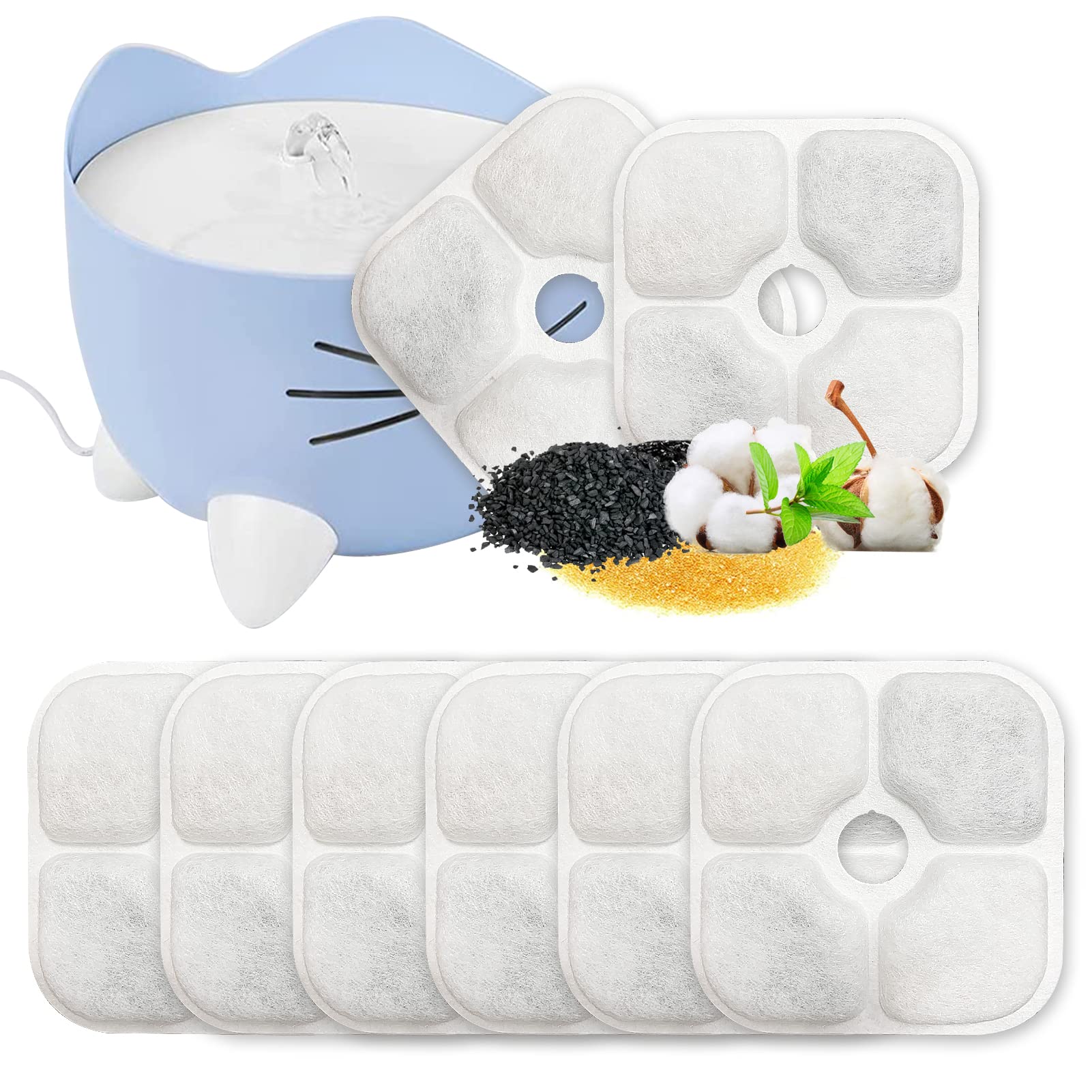 Rhsemi Cat Fountain, 2.5 L, White, Pack of 8 Filters, Compatible with 43717, Triple Effect Filter, Carbon & Foam, Cat & Dog, Electric