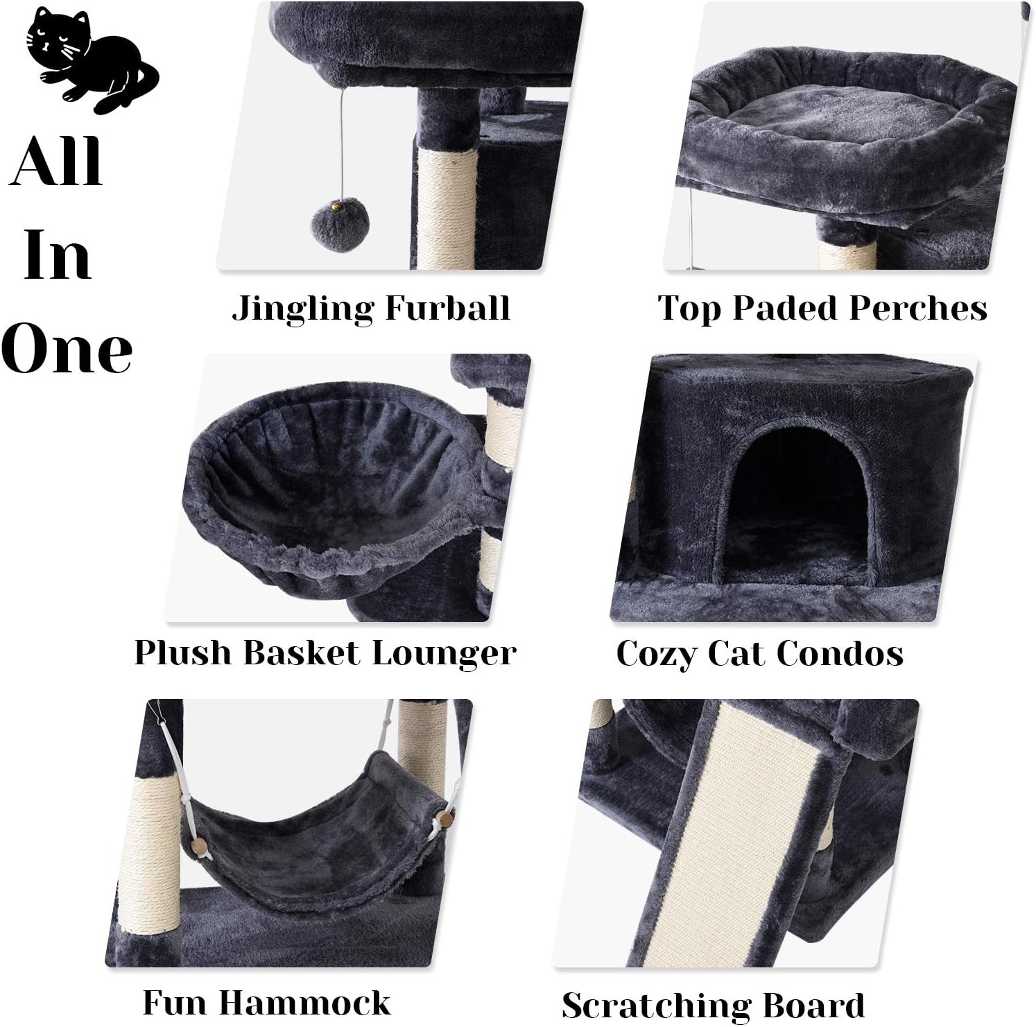 IBUYKE 63 inches Multi-Level Cat Tree Tower for Large Cats Play Furniture Cat Condo with Sisal Scratching Posts&Board, Platforms, Hammock Basket, Dangling Balls, Smoke Gray UCT021G : Pet Supplies