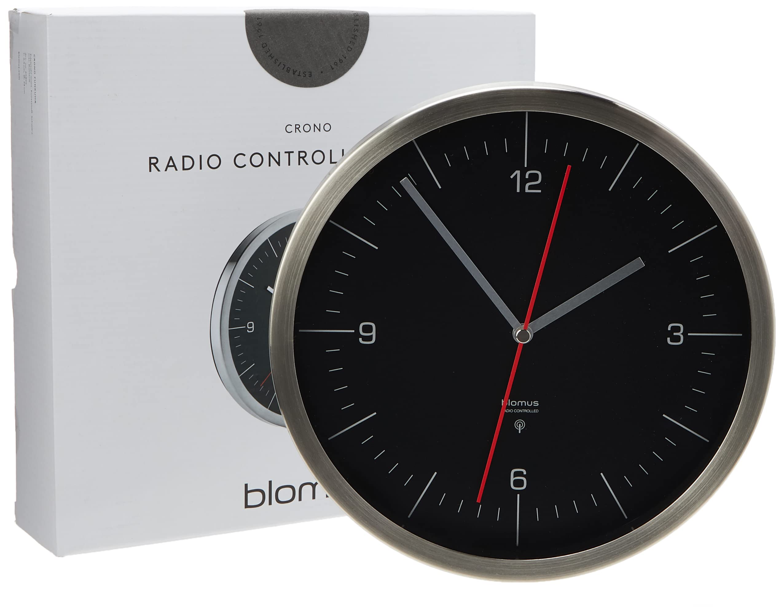 Blomus Radio-Controlled Clock, Stainless Steel, Clear Glass, Black, 24 x 24 x 4.5 cm