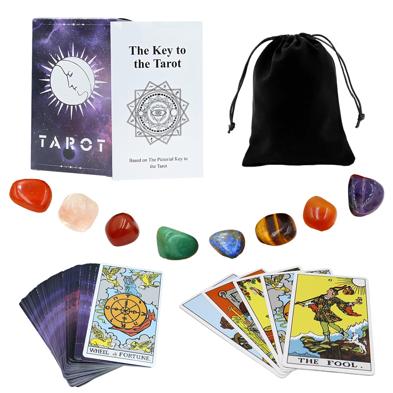 Tarot Cards Deck with Guide Book, 78 Classic Tarot Cards with Bag and 7 Chakra Stones, Suitable for Both Beginner and Expert Readers, Future Telling Cards Game