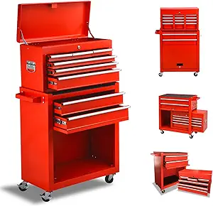 tool storage cabinets 8 Drawers Tool Chest, Rolling Tool box with Lock, High Capacity Tool Chest with Sliding Drawers and 4 Wheels, Removable Tool Cabinet Storage for Warehouse Garage Workshop (Red)