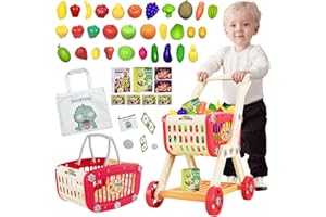POFJOEQ Kids Shopping Cart Trolley Play Set with Pretend Food and Accessories，Toy Shopping Cart Trolley for Kids Baby with Play Foods, Grocery Shopping Cart Playing Pretend Games (red)