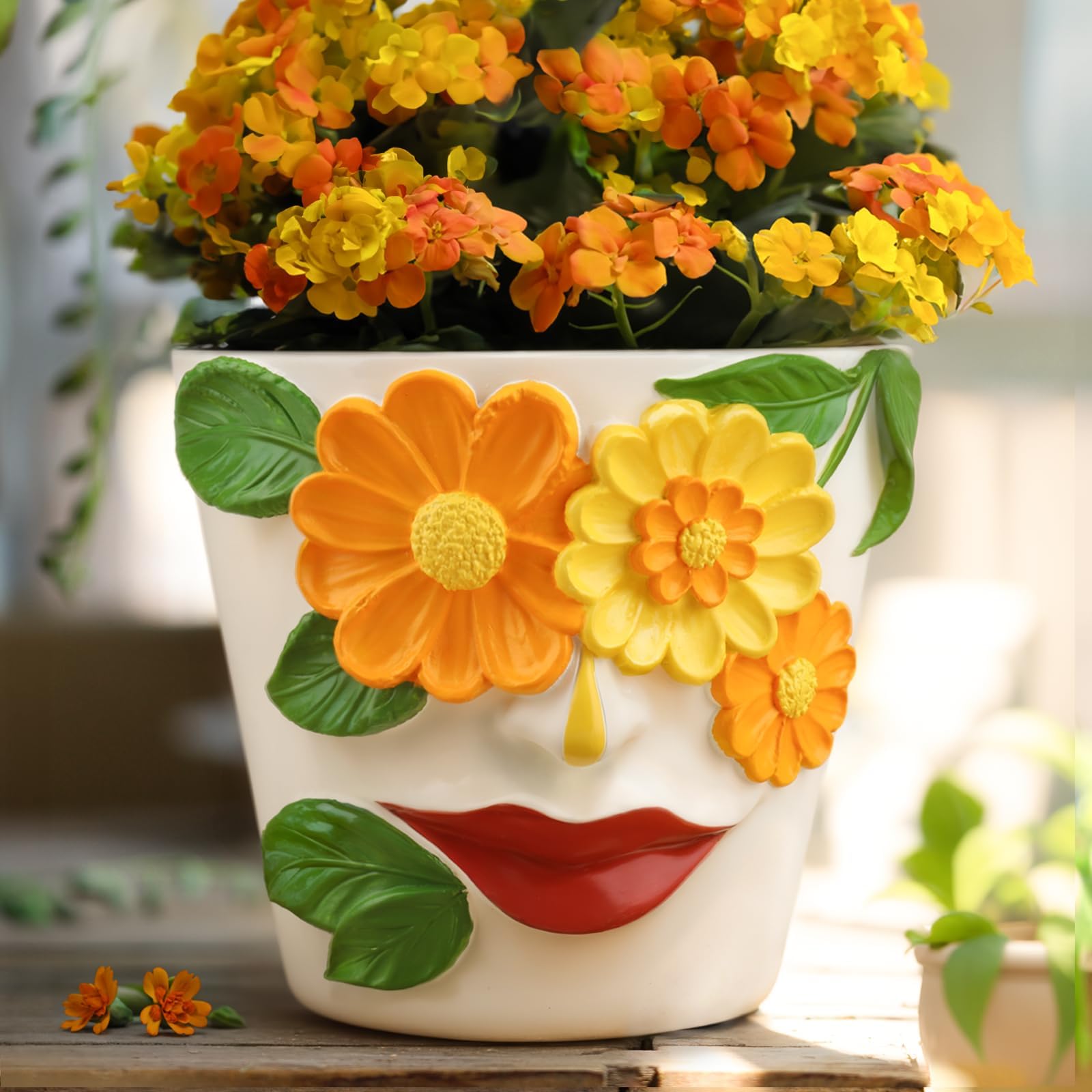 AmiCera Abstract Face Flower Pots, Colourful Plant Pot for Indoor Plants, Small Cute Head Planters with Drainage, Eclectic Aesthetic Succulent Planter for Home Decoration (Orange and Yellow, 14 cm)