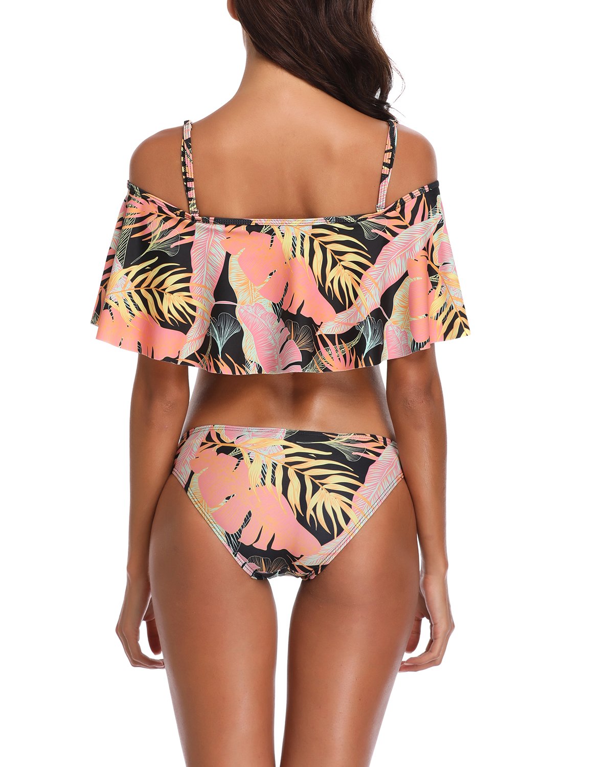 Two Piece Women\'s Halter Off The Shoulder Flounce Swimsuits High Waisted Bikini Sets (Tropical Banan, Medium)