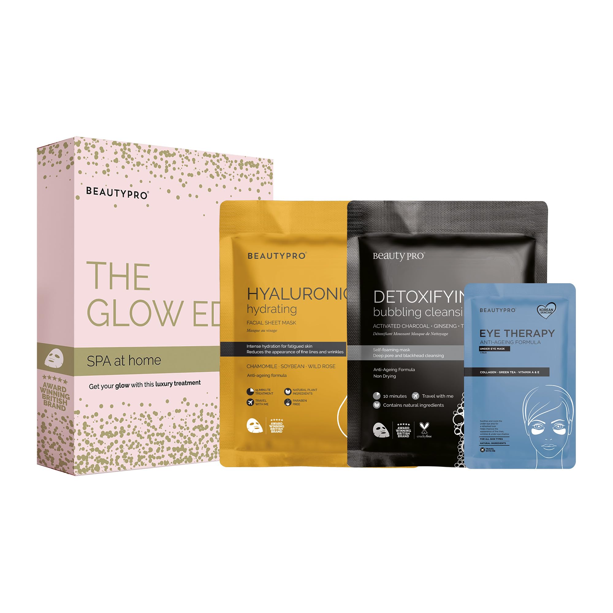 BEAUTYPRO THE GLOW EDIT Spa at Home 3-in-1 Pamper Set 2 Face Masks Detoxify & Hydrate Under Eye Patches for Tired Eyes Dark Circles & Wrinkles Natural Ingredients Multi Award Winning Brand