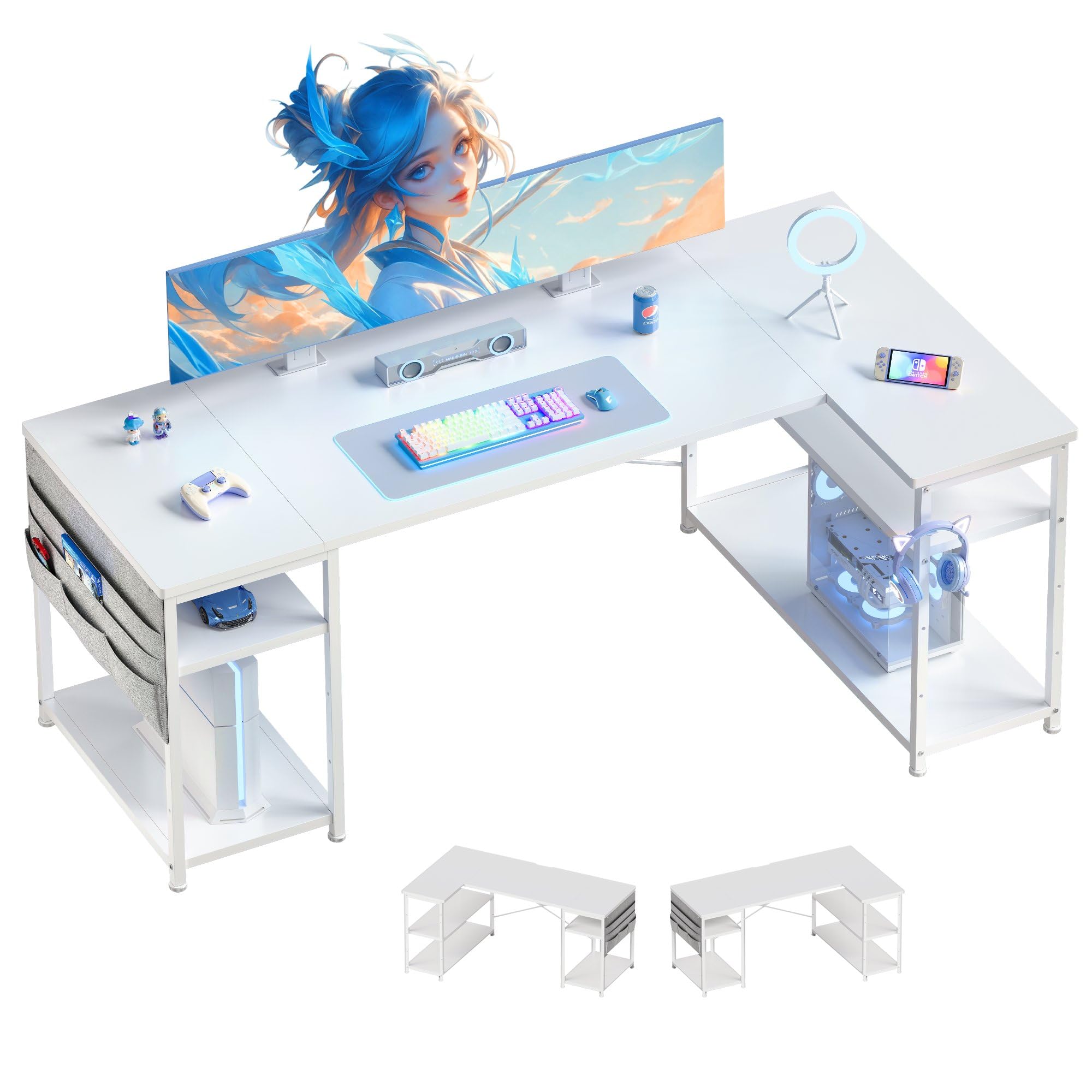 YeTom l字デスク ゲーミングデスク デスク 幅150cm pcデスク コーナーデスク 棚板高さ調節可能 収納袋付き L字型 PC 勉強机 作業 在宅勤務 リモートワーク ゲーム 書斎 収納ラック付き 白い商品画像