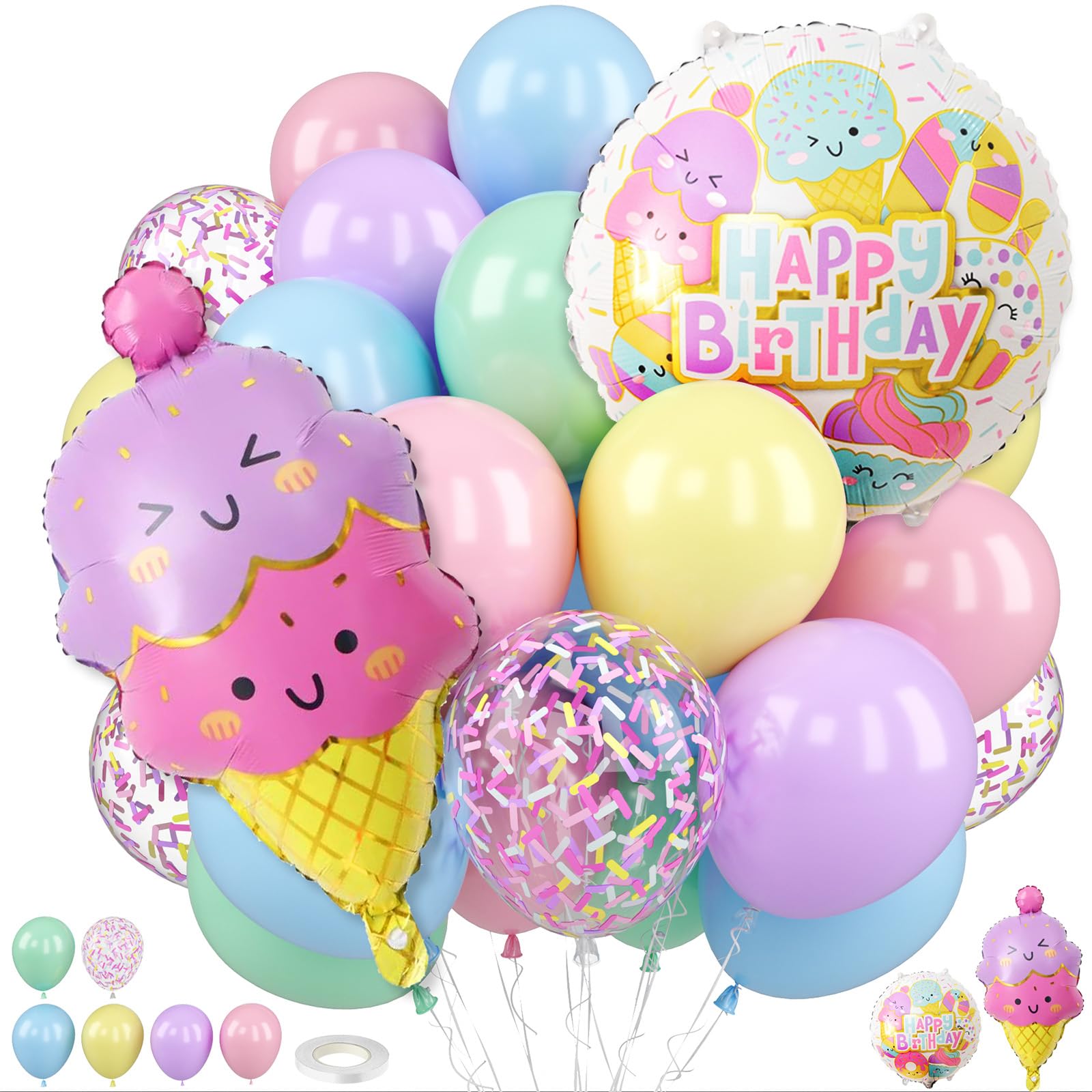 Pastel Colorful Balloons with Ice Cream Balloons,Macaron Pink Blue Purple Green Yellow Sprinkle Confetti Balloons for Girl Rainbow Party Princess Theme Birthday Decorations Baby Shower Backdrop
