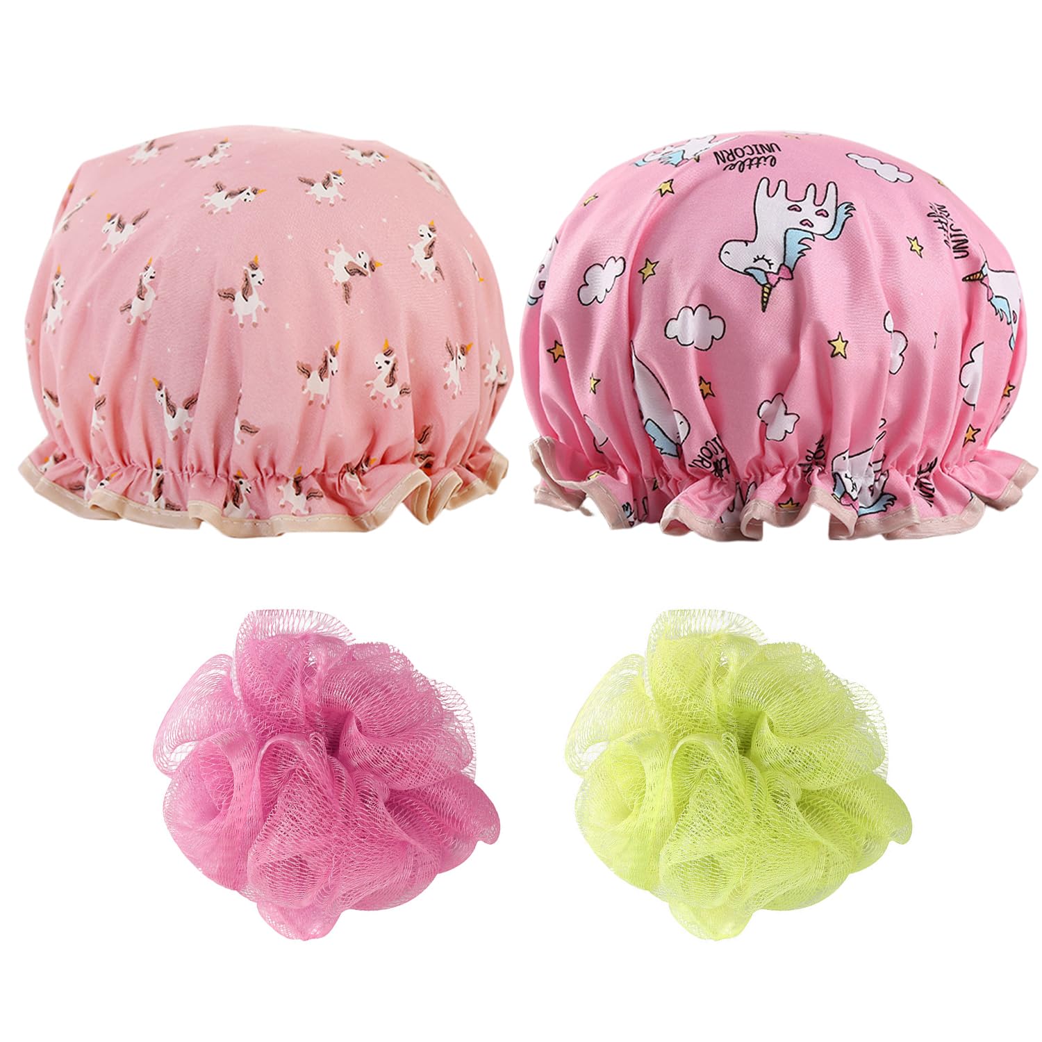 2 Pcs Rainbow Horse Shower Caps, 2 Pcs Bath Balls, Double-Layer Shower Cap, Waterproof Shower Hood, Children'S Elastic Shower Cap, Cartoon Print Shower Cap, Suitable For Showering And Skin Care