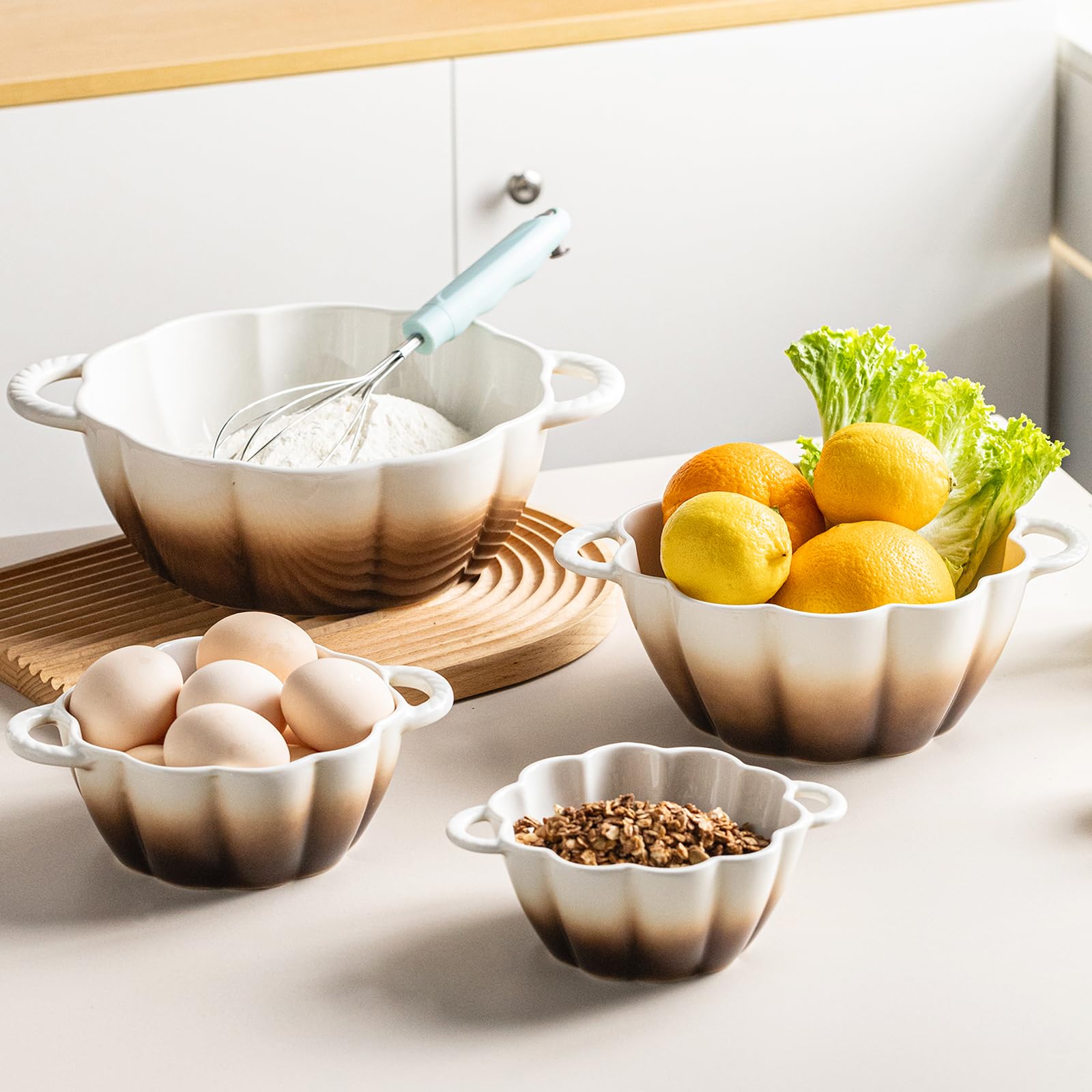 Photo 1 of (broken handle damages) MISSYSSIM Ceramic Mixing Bowls Set for Kitchen, Large Nesting Bowls with Handles Set of 4, Deep Food Storage Containers for Cooking, Serving, Baking, Salad, Oven, Microwave and Dishwasher Safe