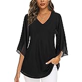 BEPEI Women's Tops 3/4 Sleeve Dressy Casual Blouses V Neck Double Layers Shirts