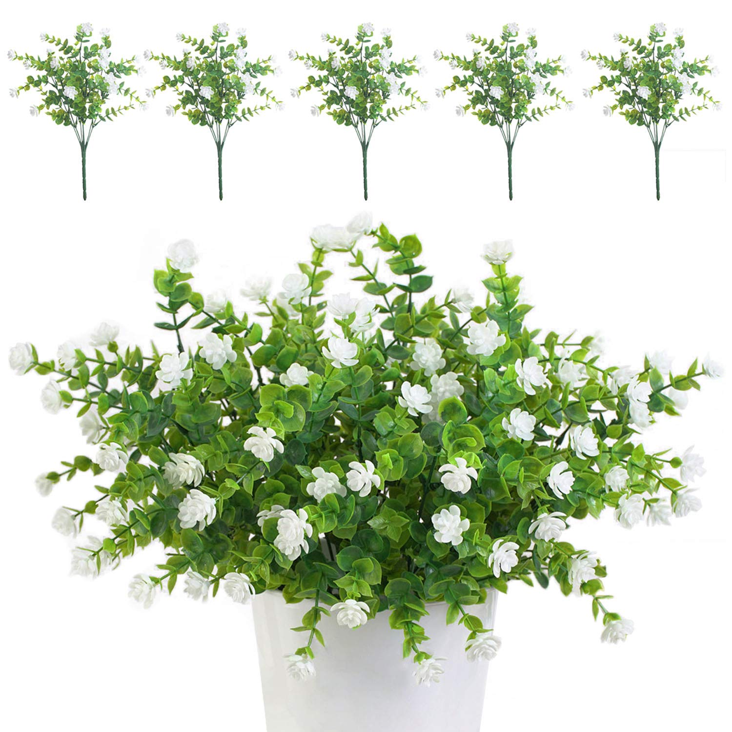 TSHAOUN 5 Bundles Artificial Flowers, UV Resistant Fake Flowers Plastic Greenery Shrubs Plants Outdoor Indoor Hanging Planter Home Kitchen Office Wedding Garden Decorating (White 5pcs)