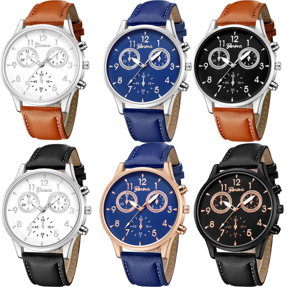 yunanwa 6 Pack Men's Leather Quartz Watch Geneva Casual Dress Wrist Band Watches Wholesale Lots Set, 6pcs-635, Casual
