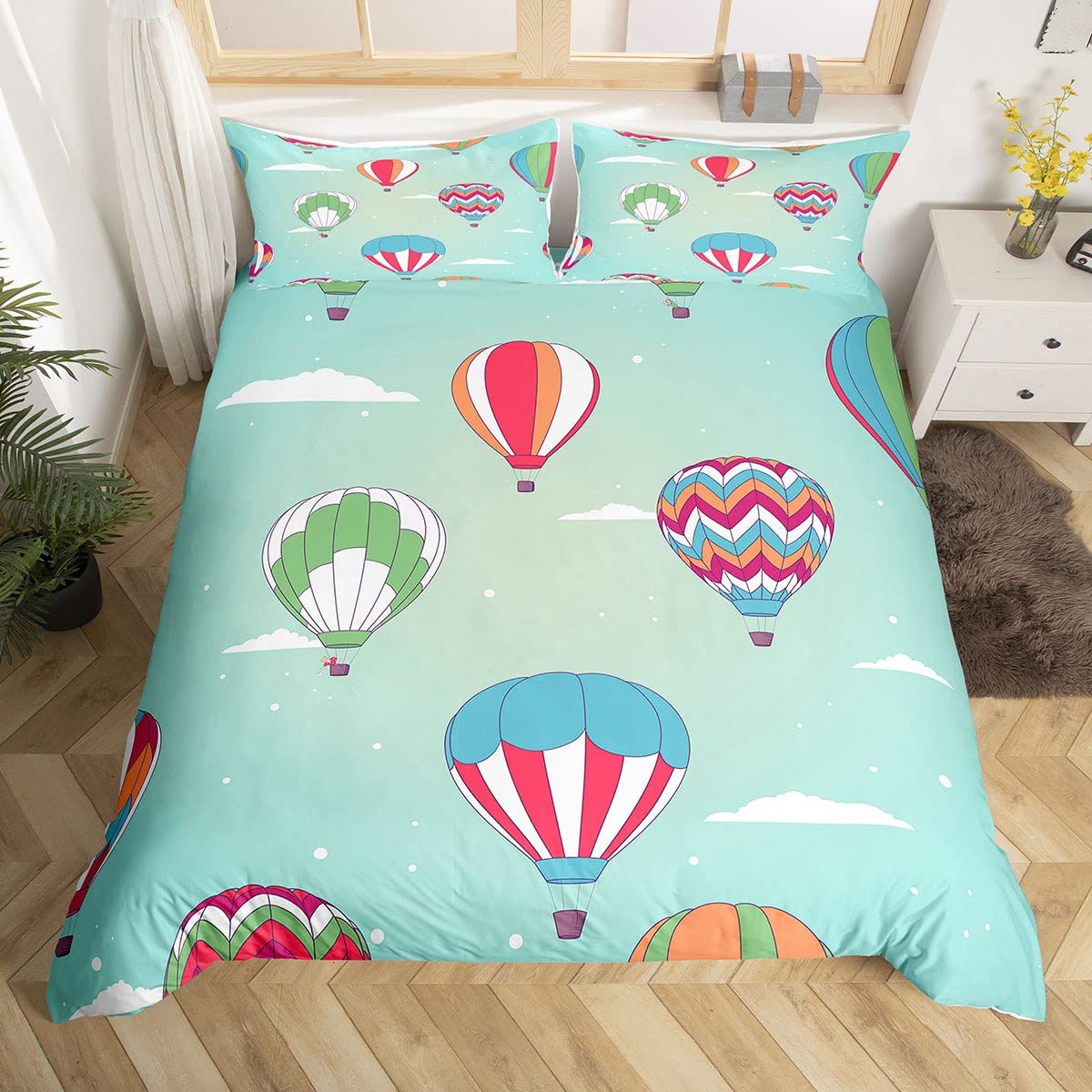 richhome Hot Air Balloon Duvet Cover Single Size,Colorful Balloon Travel Time Bedding Set 2pcs,Green Sky with Cloud Comforter Cover Soft Quilt Cover Bedroom Decor Bedspread, (CYJ8662yqq-Single)