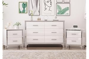 Merax 3-Pieces Bedroom Dresser Two Night Stand Set, 6-Drawer Cabinet & 2 Nightstand, Mirrored Decoration High Gloss Wood Storage Chest and Bedside End Table, White