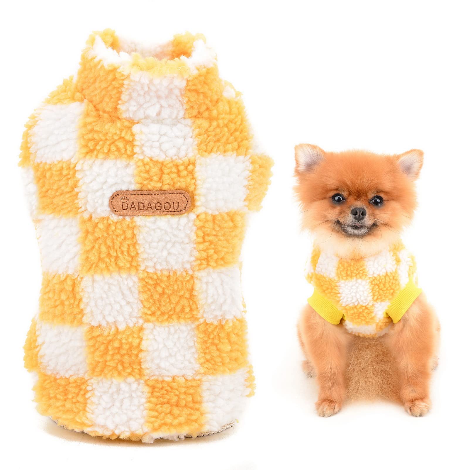 SMALLLEE_LUCKY_STORE Pet Fleece Checked Jumper Vest Turtleneck Pullover Sweaters Soft Sweatshirt for Small Dogs Cat Puppy Yorkie Chihuahua Warm Autumn Winter Clothes,Yellow,L