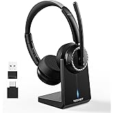 TECKNET Wireless Headset, 5.3 ENC Bluetooth Headset with Microphone, Computer Headset Rechargeable, USB Dongle, Charging Base, On-Ear Headphones for Trucker/Remote Work/Call Center
