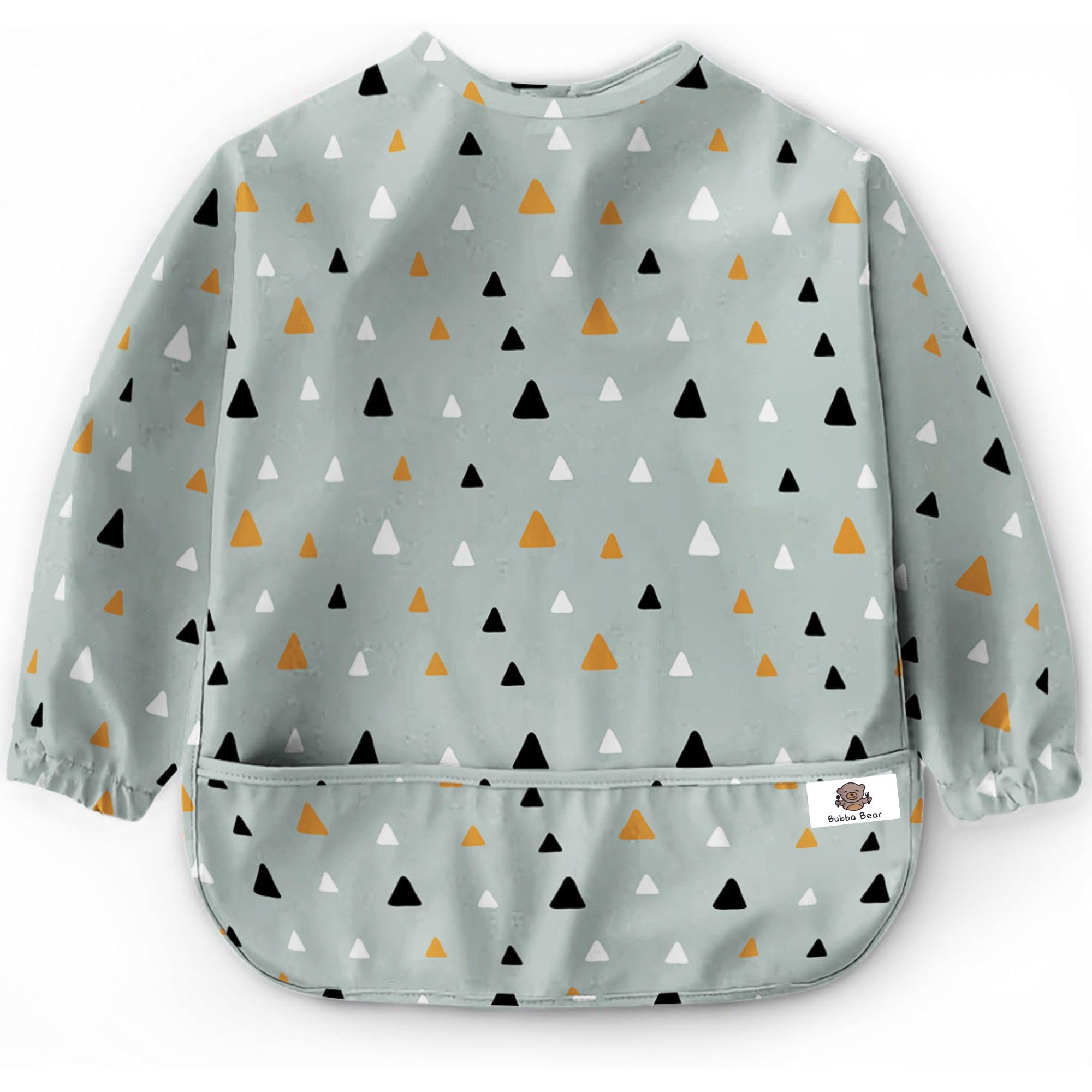 Bubba Bear ® Baby Weaning Bib with Sleeves | Long Sleeve Coverall Bibs Set | Toddler Led Feeding Sleeved Accessories for Babies from 6 Months Waterproof Apron Cape For Toddlers (Green Triangles)