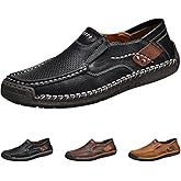 Men's Leather Driving Walking Shoes,Vintage Lightweight Comfort Slip-On Flat Moccasin Dress Oxford Casual Boat Loafers