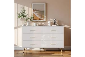 Feetice 6 Drawer Dresser for Bedroom, High Gloss White Dresser with Golden Metal Handles & Adjustable Legs, Modern Storage Chest of Drawers with Wide Drawers for Bedroom, Living Room