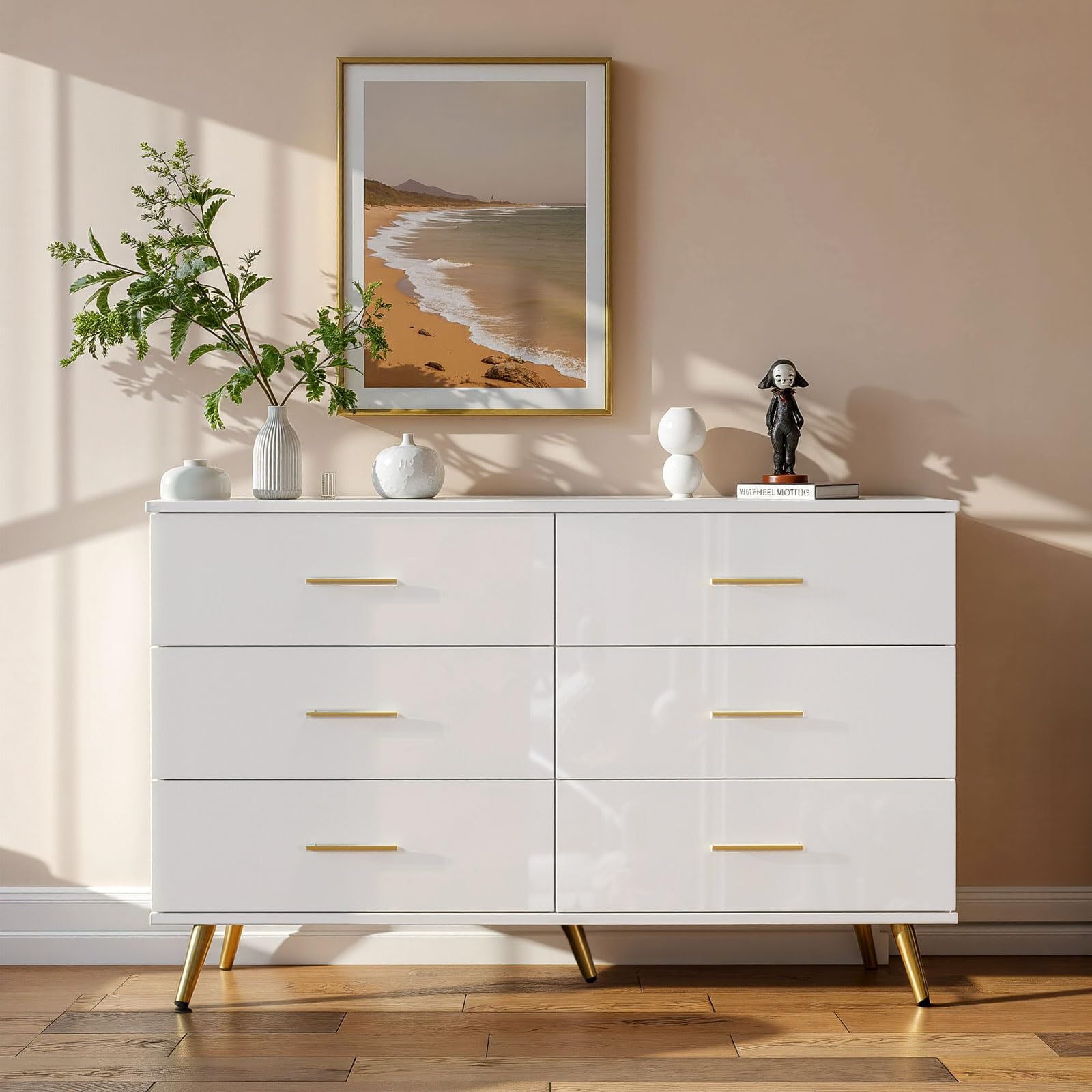 Photo 1 of *** PARTS ONLY *** Feetice 6 Drawer Dresser for Bedroom, High Gloss White Dresser with Golden Metal Handles & Adjustable Legs, Modern Storage Chest of Drawers with Wide Drawers for Bedroom, Living Room