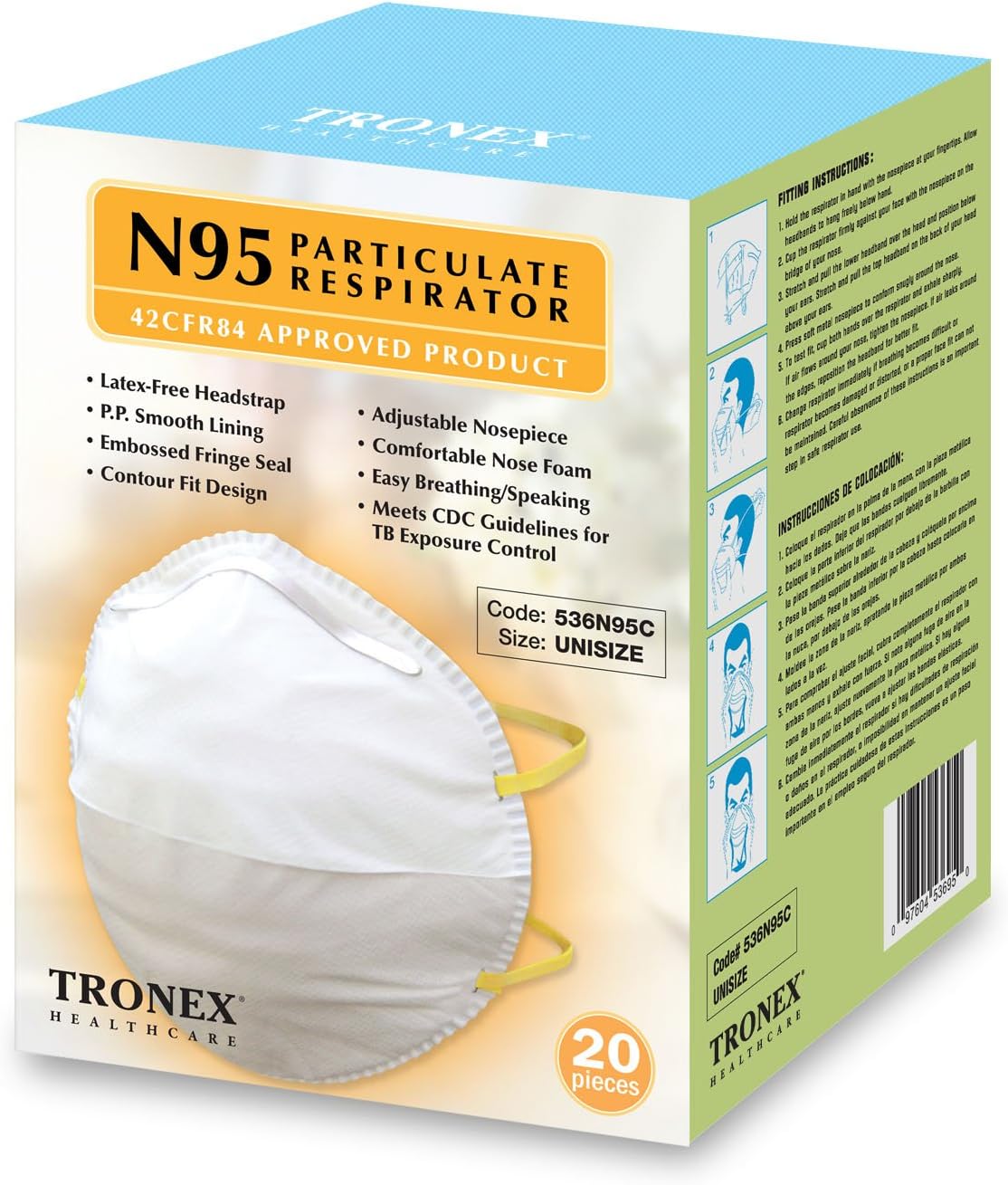 Tronex Cone Style Niosh N95 Respirators Wildfire Smoke Mask, Medical Grade, White, Unisize, (Box of 20)