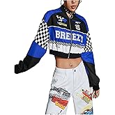 Verdusa Women's Plaid Colorblock Cropped Motorcycle Jacket Hip Hop Streetwear Zip Up Outerwear