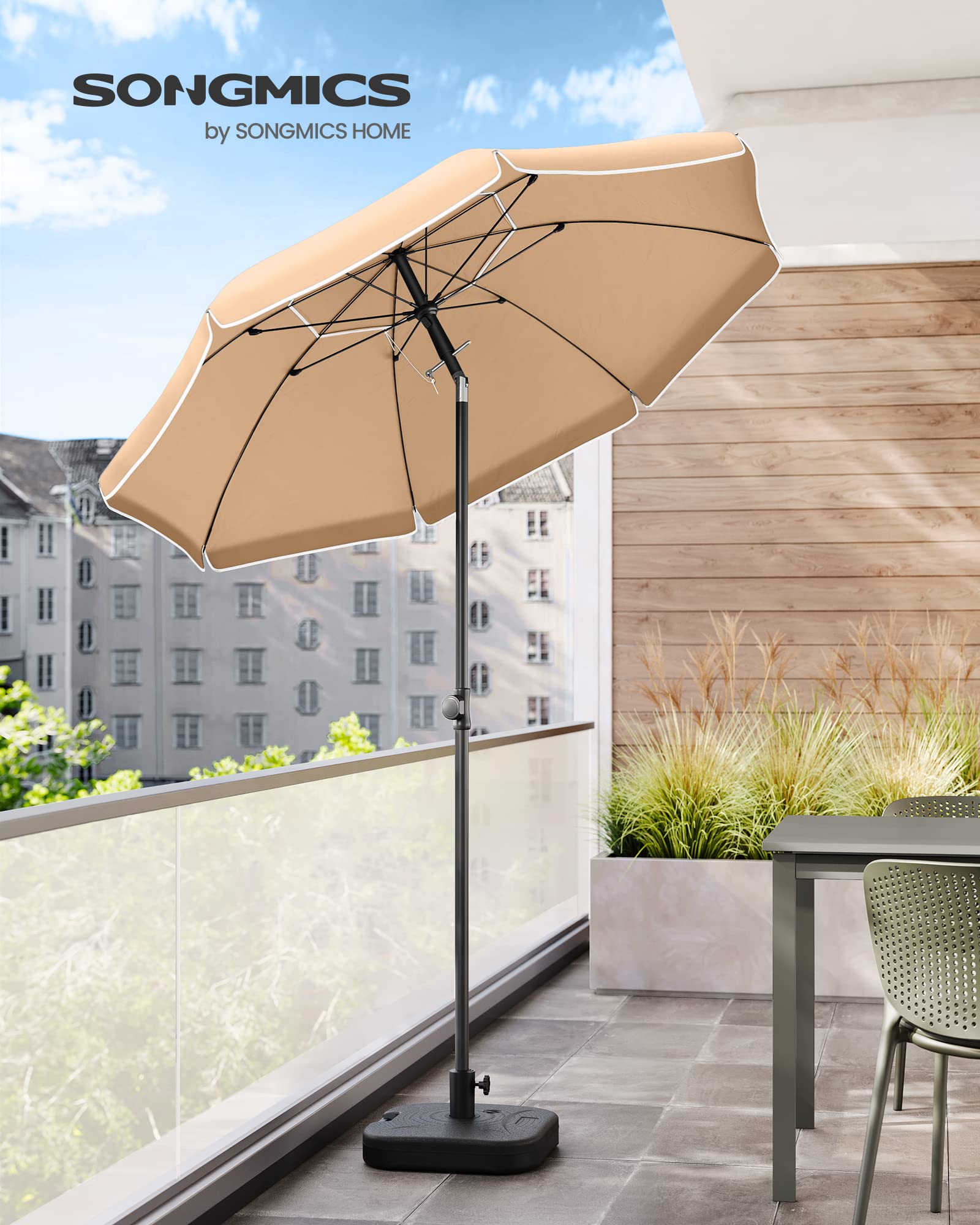 SONGMICS Sonnenschirm, 160 cm, Sonnenschutz UPF 50+, um 30° in 2 Richtungen neigbar, höhenverstellbar, mit Tragetasche, für Balkon, Garten, Terrasse, Strand, ohne Sockel, Taupe GPU60BR 2