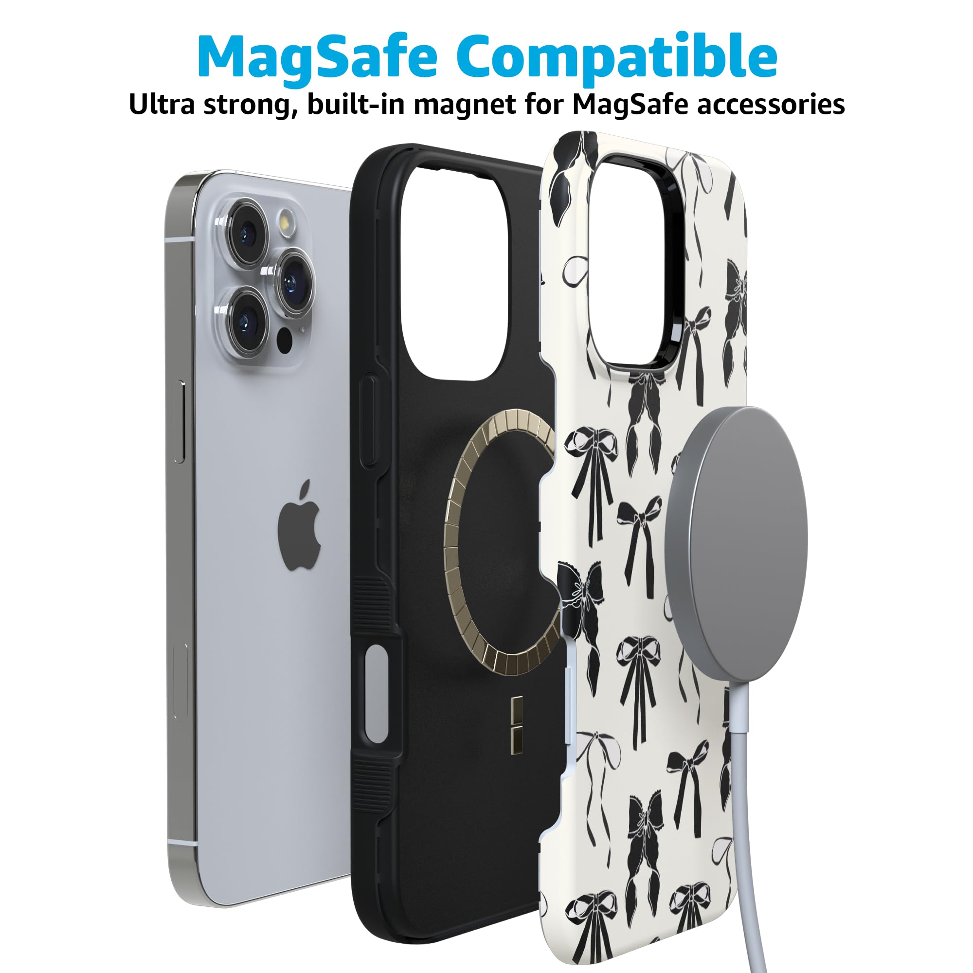 Condition photo showing New/Like New for casely iphone 16 pro max case | goth girlie | black bows | bold protective design | compatible with 