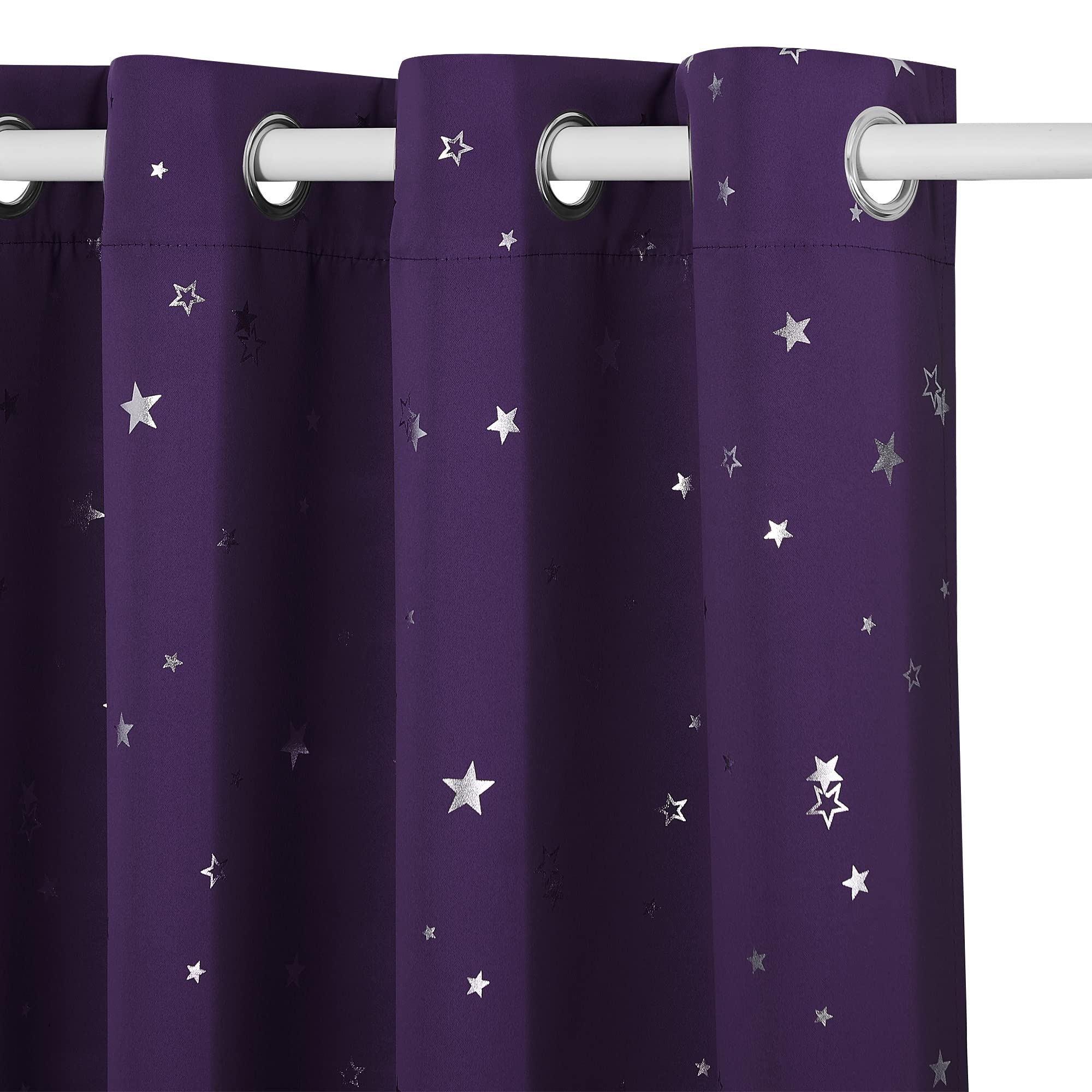 PONY DANCE Kids Star Curtains Eyelet - Nursery Thermal Insulated Blackout Curtains with Rings Foil Printed Pattern for Girls Bedroom Living Room, 52x 54 Drop, Purple, 2 Panels