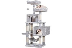Hey-brother Multi-Level Cat Tree Condo Furniture with Sisal-Covered Scratching Posts, 2 Plush Condos, Perch Hammock for Kittens, Cats and Pets, Light Gray MPJ020-SW