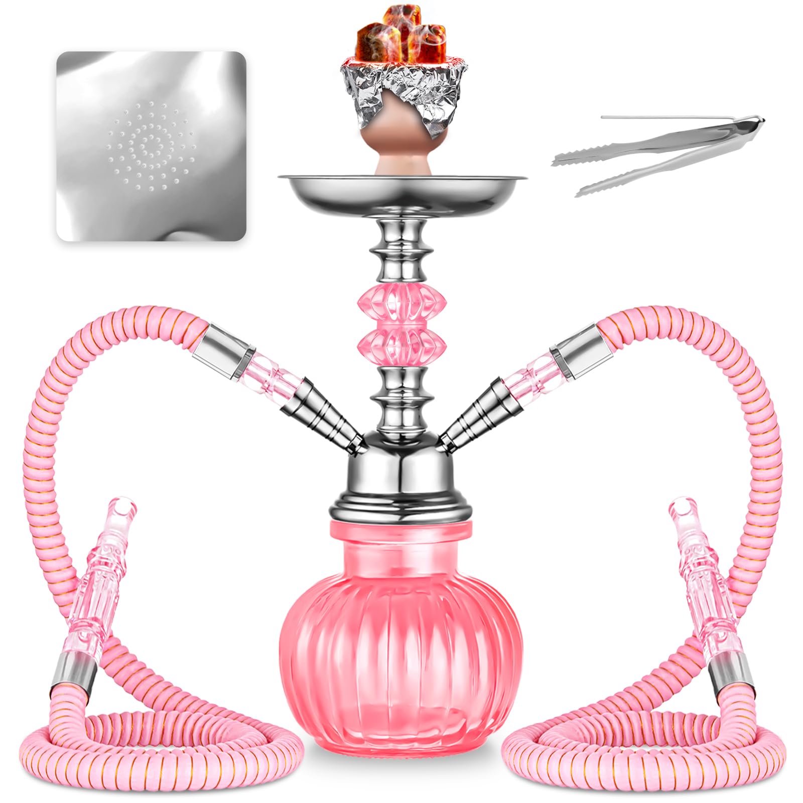 Photo 1 of 2 Hose Hookah Set With Everything - Mini Glass Pumpkin Shisha Vase, Hookah Foil (Pink)