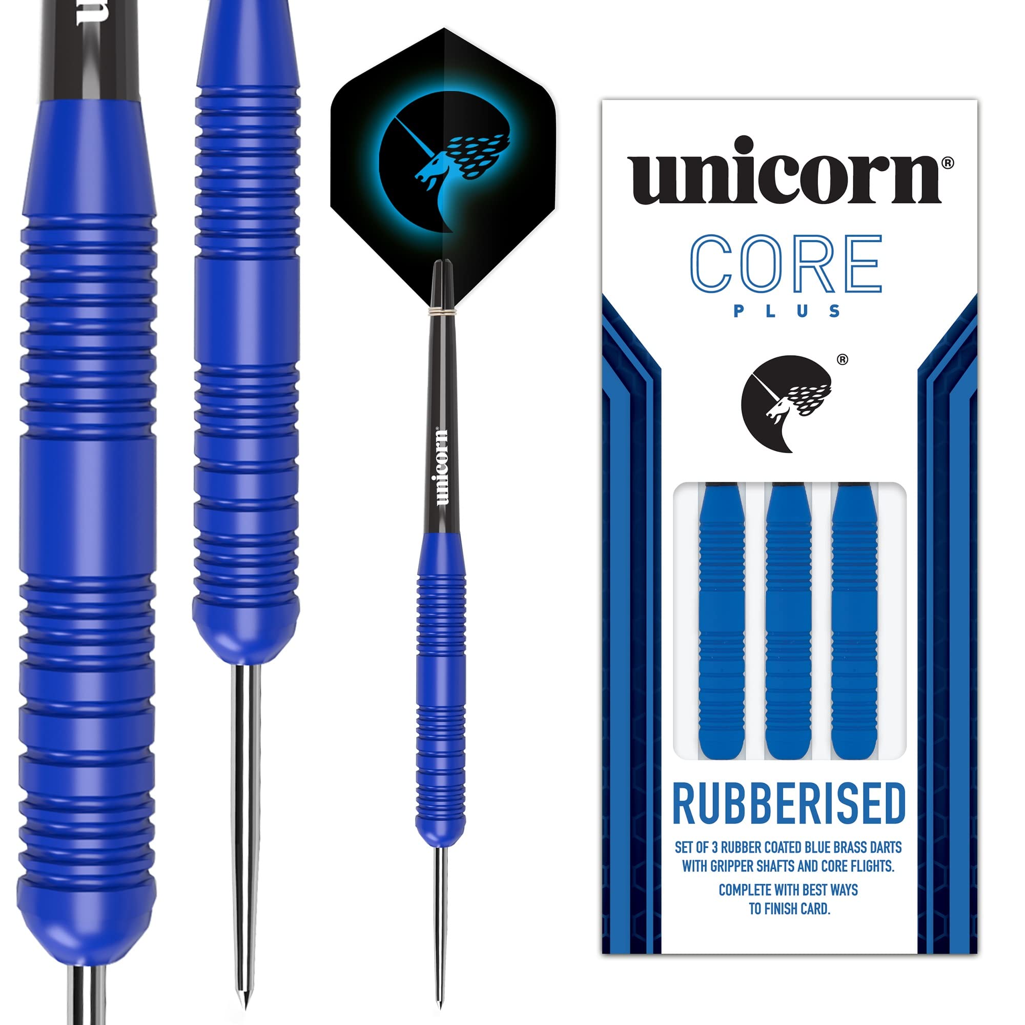 Unicorn Steel Tip Darts Set | Core Plus | Smooth Comfortable Rubberised Brass Barrels | Blue | 25 g