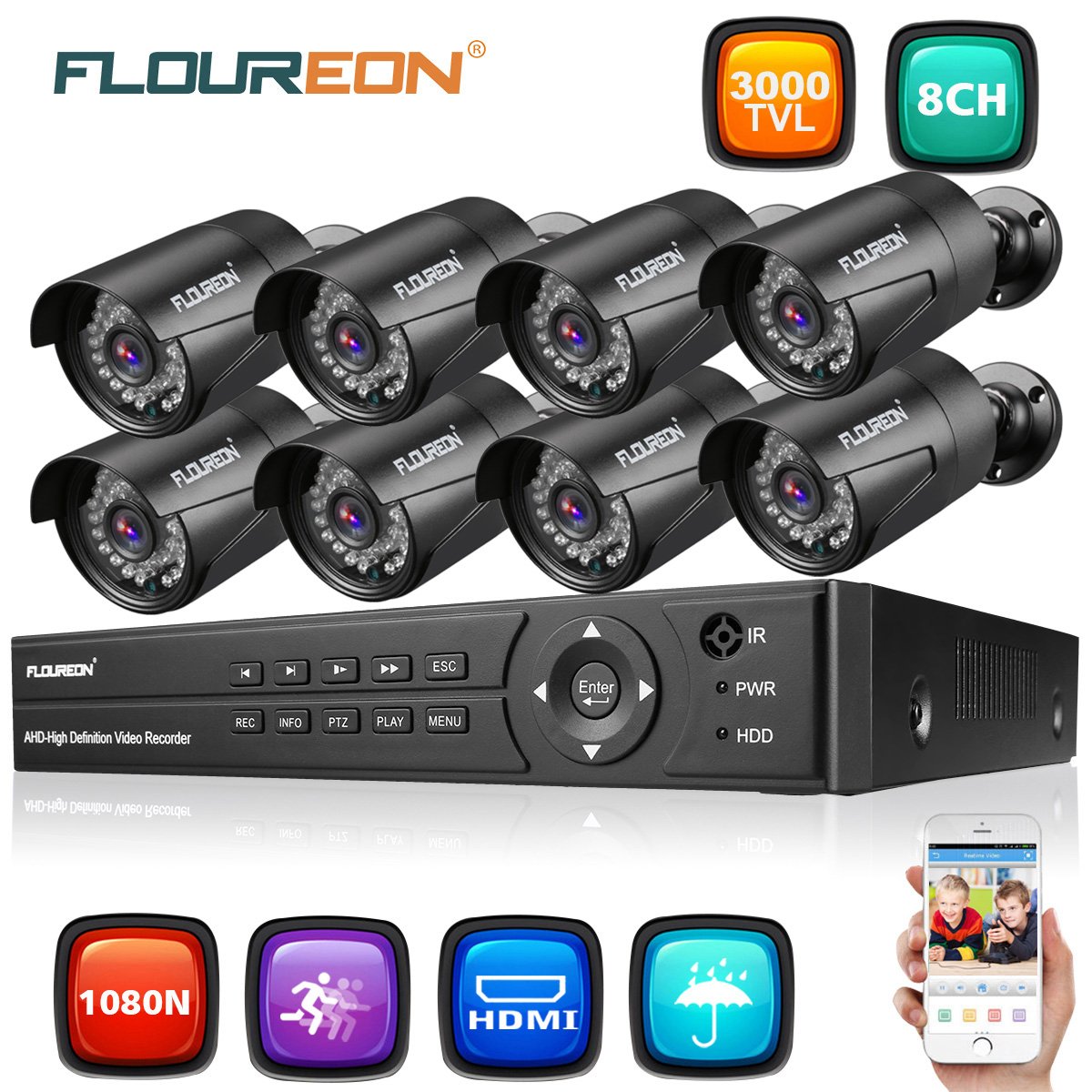 FLOUREON Videoüberwachung 8CH AHD 1080N DVR + 8X 3000TVL 2.0MP Überwachungskamera (3000TVL+ 8 Kameras)