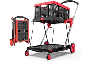 TOLRET Collapsible Shopping Cart with Wheels, 200 lbs Capacity Grocery Cart on Wheels with Storage Crate, Platform Hand Truck with Foot Brake, Red