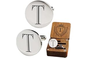 SEEMDANTEN Mens Classic Initial Cuff links A-Z Alphabet 26 Letters Stainless Steel Silver CuffLinks with Engraved Walnut Wood Gift Box Business Wedding Set