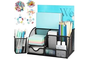 LABUK Office Desk Organizers and Accessories, Mesh Desk Organizer Caddy Supplies with 6 Compartments, Pen Holder, 84 Accessories for Office, School, Home