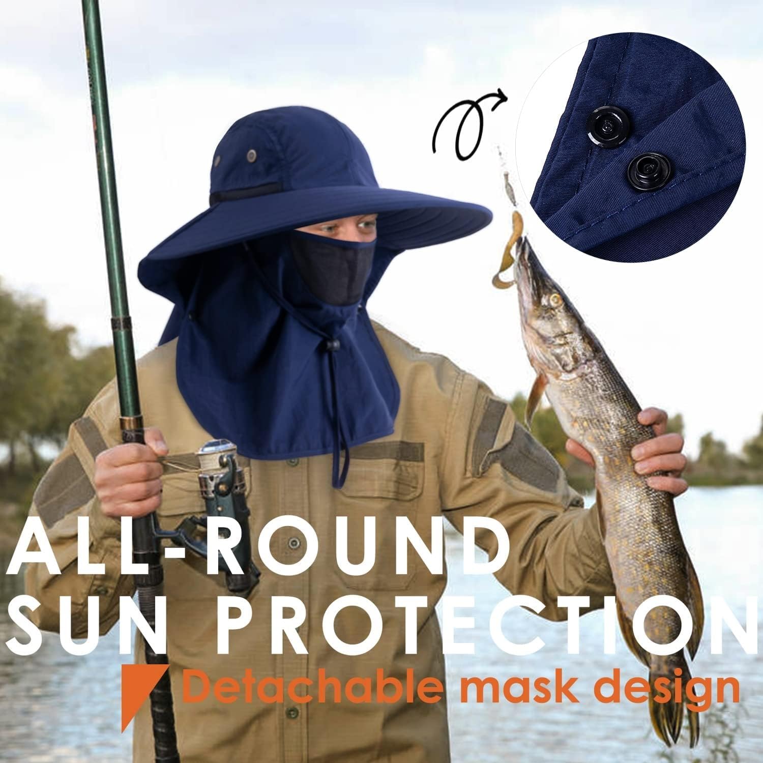 HEEHIPOO Mens Women Fishing Hat UPF 50+ Wide Brim Sun Hat with Face Cover & Neck Flap Navy