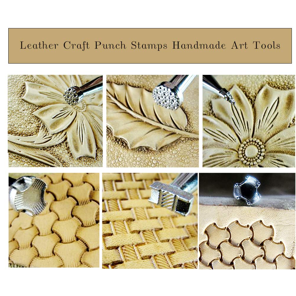 Jupean Leather Stamping Tools, Leather Working Saddle Leather Stamping Kit Special Shape Stamp Punch Set Carving Leather Craft Stamp Handmade Art Tools