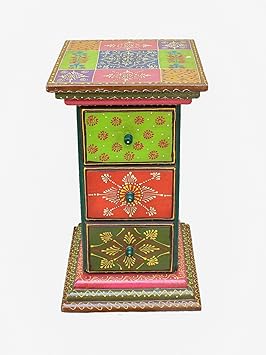 Crafticia Wooden Ethnic Chest of 3 Drawer Jewellery Organizer Desk Storage Cabinet Pillor Traditional Handmade Handicraft Gift Item Home Table Wall Decor Pink City Rajasthani Handicraft Showpiece