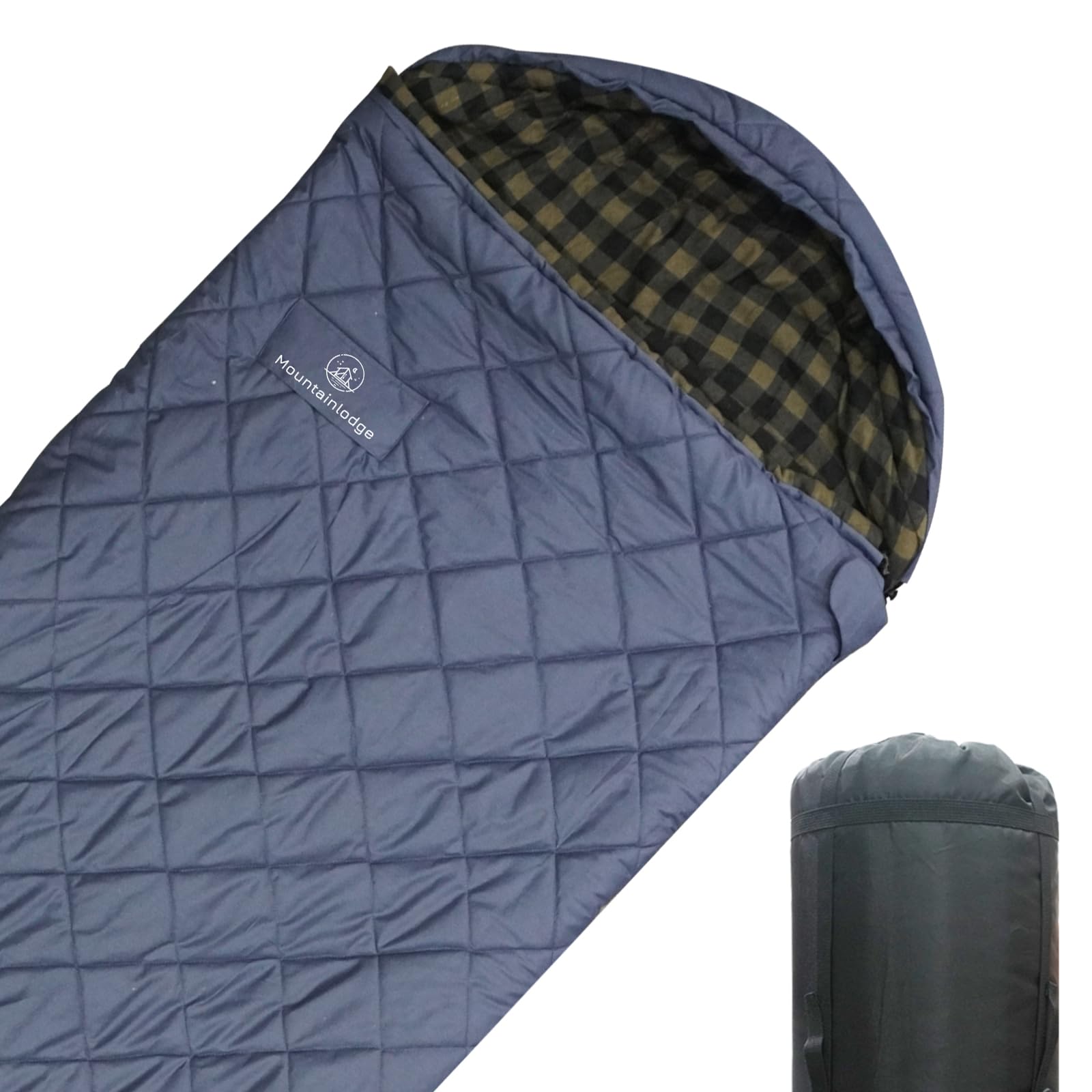 Photo 1 of Mountainlodge 100% Cotton Shell and Lining Sleeping Bag for Adult Cold Weather with Compression Bag&Carry Bag for Camping,Travel and Car Camping (Little Grid Dark Blue with Left Hand)