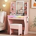 Vanity Desk with LED Lights Mirror & Power Outlet, Small Makeup Vanity Table Set with Storage Drawers & Chair, 3 Lighting Modes & Adjustable Brightness, Dressing Table for Women Girls Bedroom, Pink