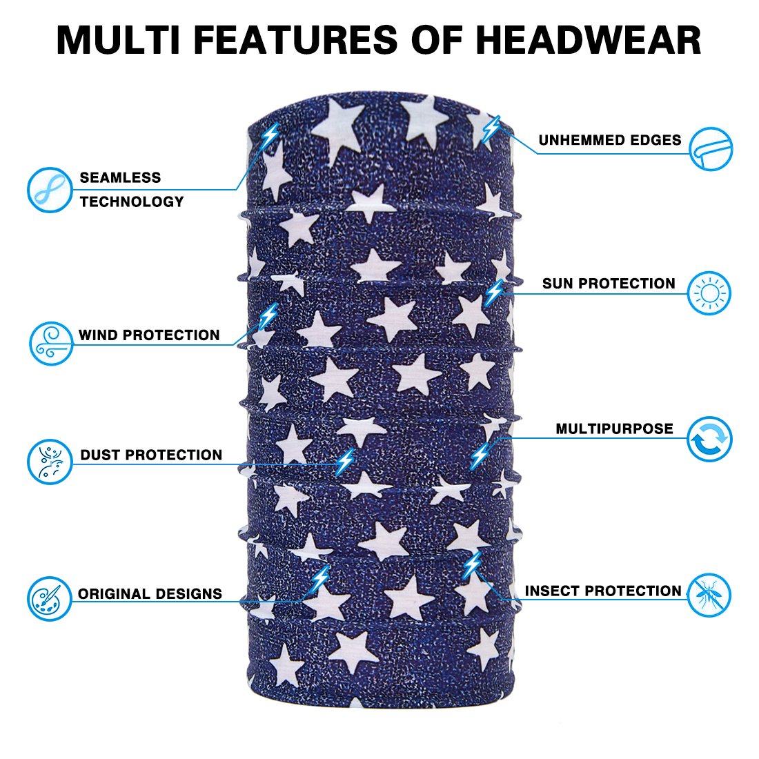 TUONROAD Printed Womens Plain Navy Blue White Stars Magic Neck Headband Scarf Mens Multifunctional Festival Fishing Stretchy Tube Face Sun Mask for Workout Running Skiing Riding Hunting Riding