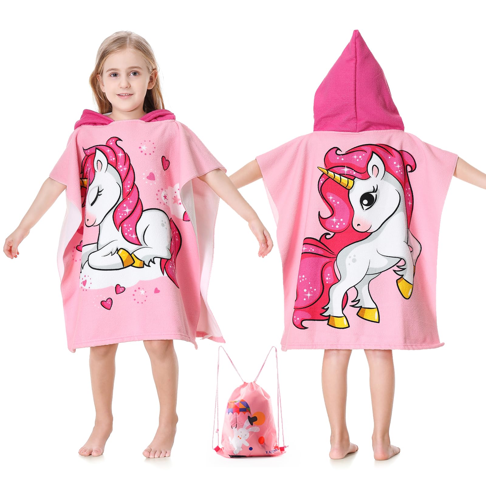 MOKANI Hooded Poncho Towels for Kids, Microfibre Ultra Soft Baby Beach Swimming Towels, Quick Dry Warm Wrap Changing Robe with Drawstring Bag for Boys Girls (Children's Height: 85-110 cm)