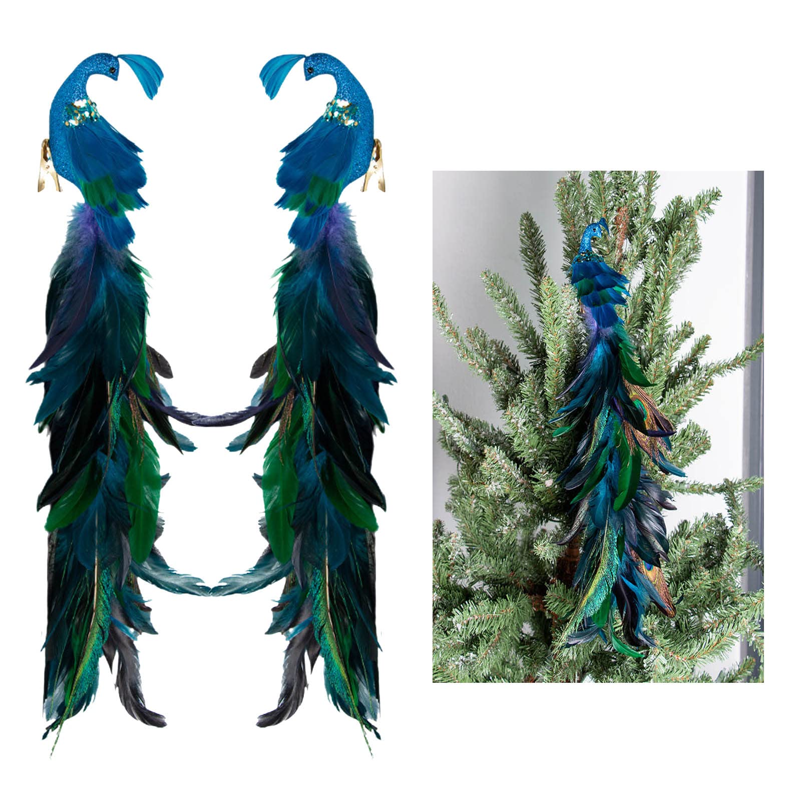 Ercheng 2 Pcs Peacock Christmas Ornaments, 18.9 Inch Glittered Bird Clip-On Artificial Peacock Natural 3D Peacock Feather Decorations for Christmas Tree
