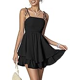 WDIRARA Women's Tie Shoulder Ruched Sleeveless Shirred Layered Ruffle Hem Cocktail Party Cami Dress