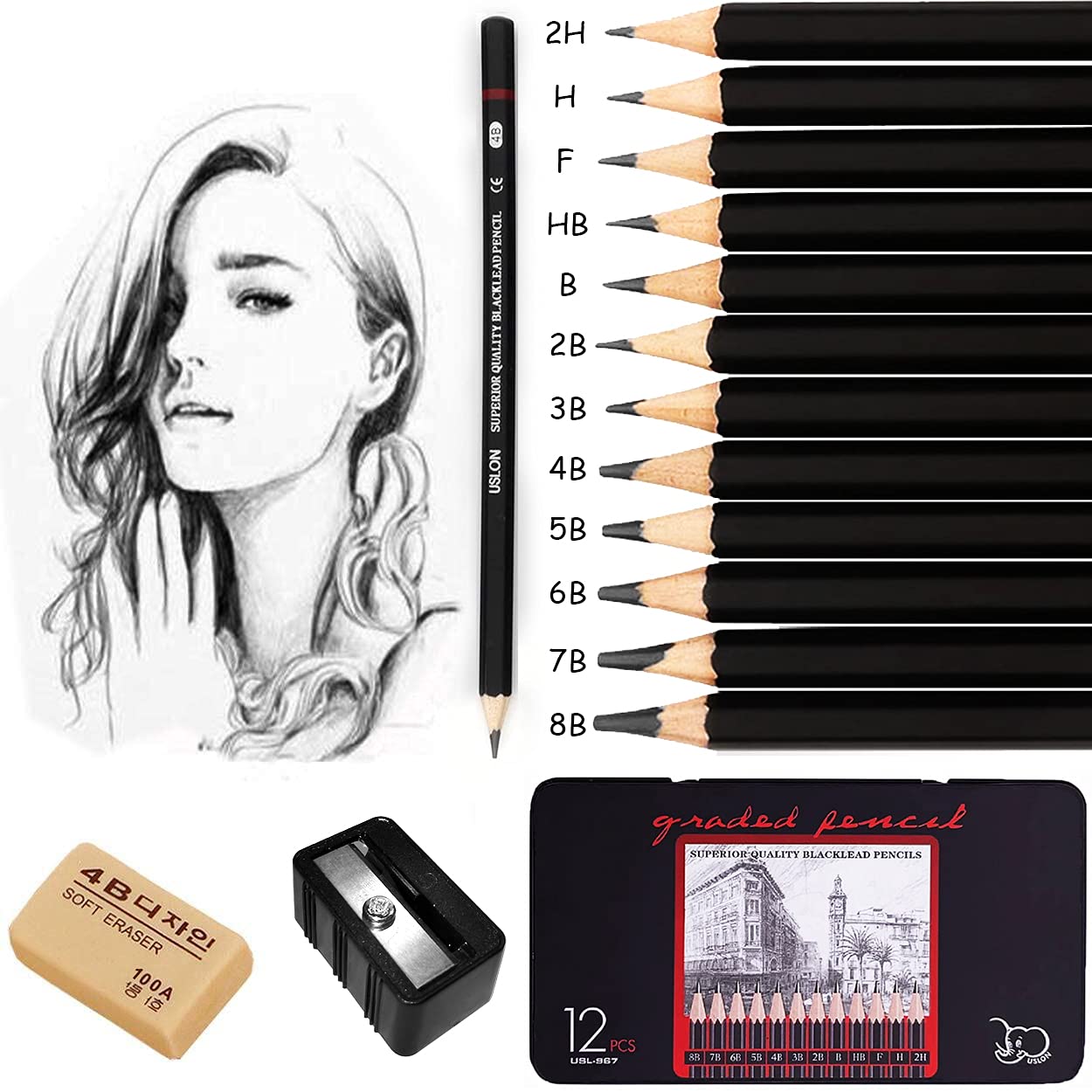 Surcotto Drawing pencils, professional sketching pencils set for beginner, artist pencils with eraser and sharpener (8B-2H). (14-Count)